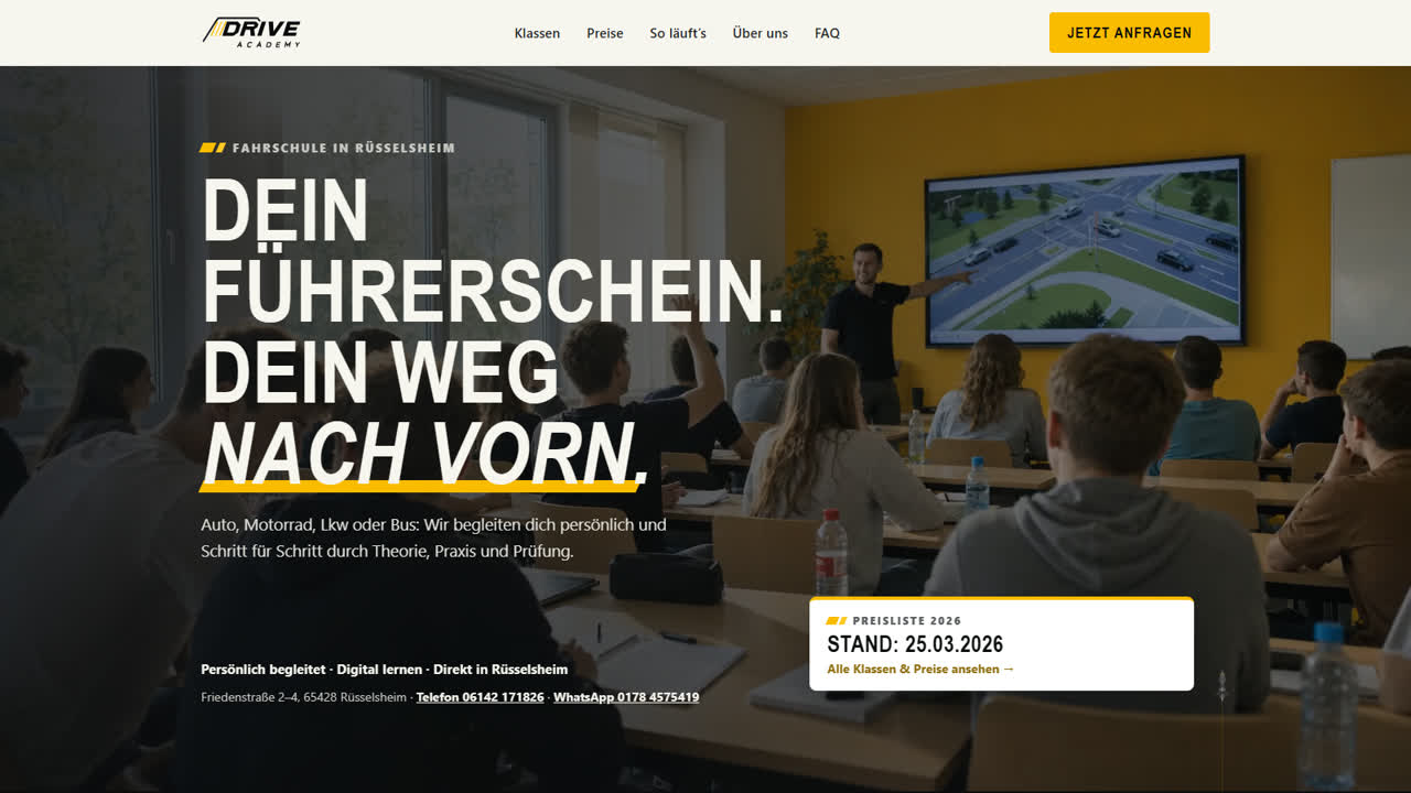 Screenshot der Website Fahrschule Drive Academy
