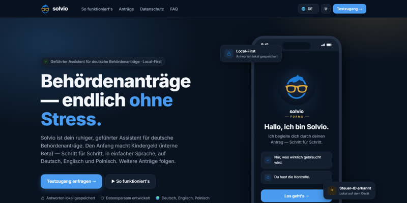 Screenshot der Website Solvio Forms